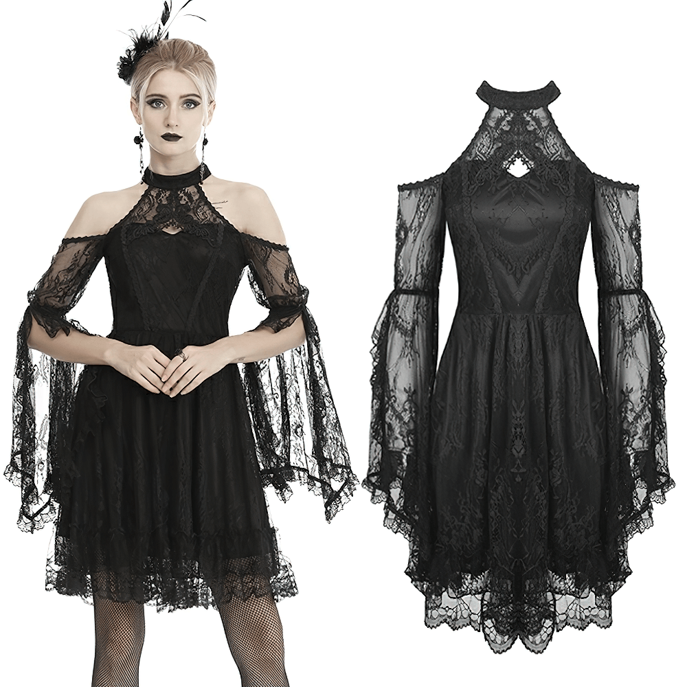 Black Lace Cold Shoulder Dress with Bell Sleeves and Choker - image 3