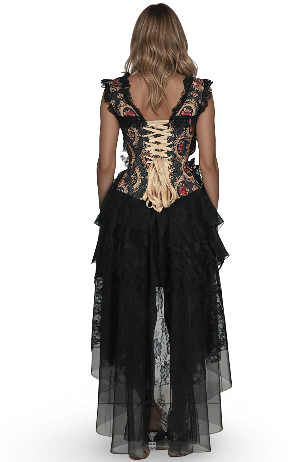 Black Lace Corset Dress with Red Rose Gothic Print - image 2