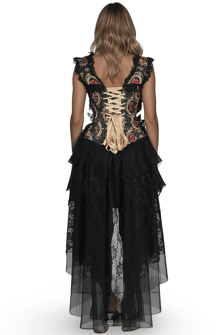 Black Lace Corset Dress with Red Rose Gothic Print - image 2