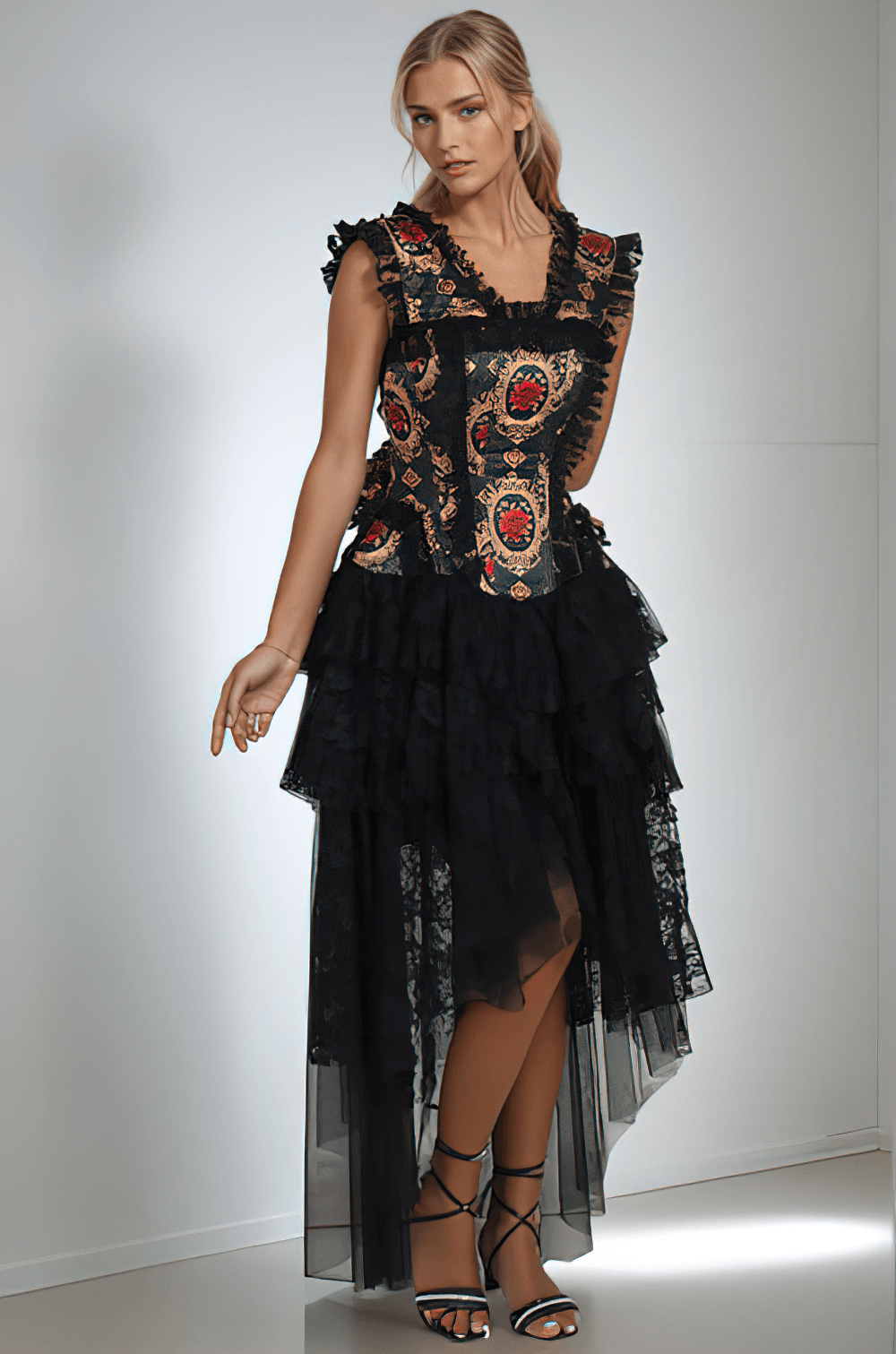 Black Lace Corset Dress with Red Rose Gothic Print - image 4