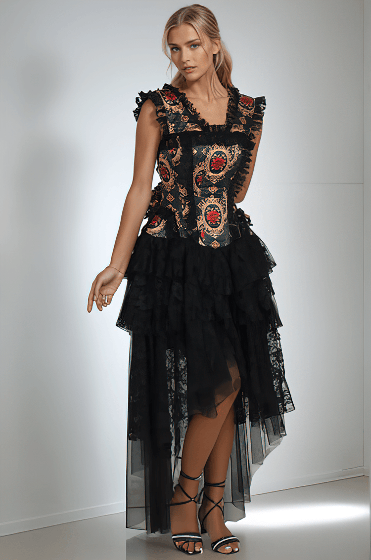 Black Lace Corset Dress with Red Rose Gothic Print - image 4