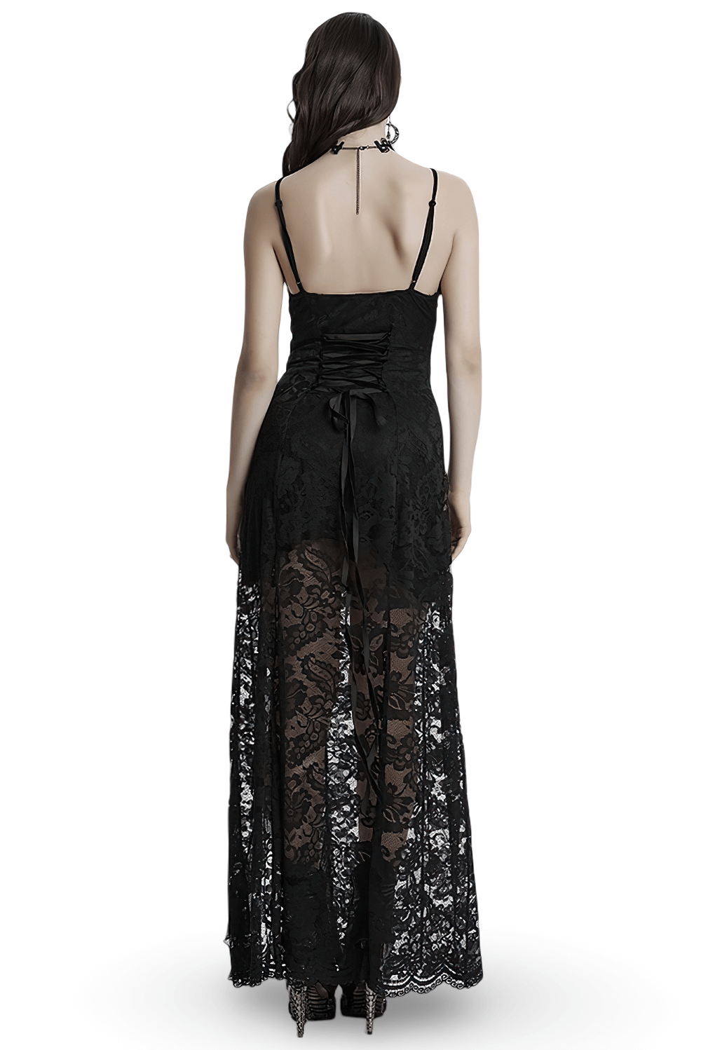 Black Lace Gothic Maxi Dress with High Slit and Corset Back - image 2