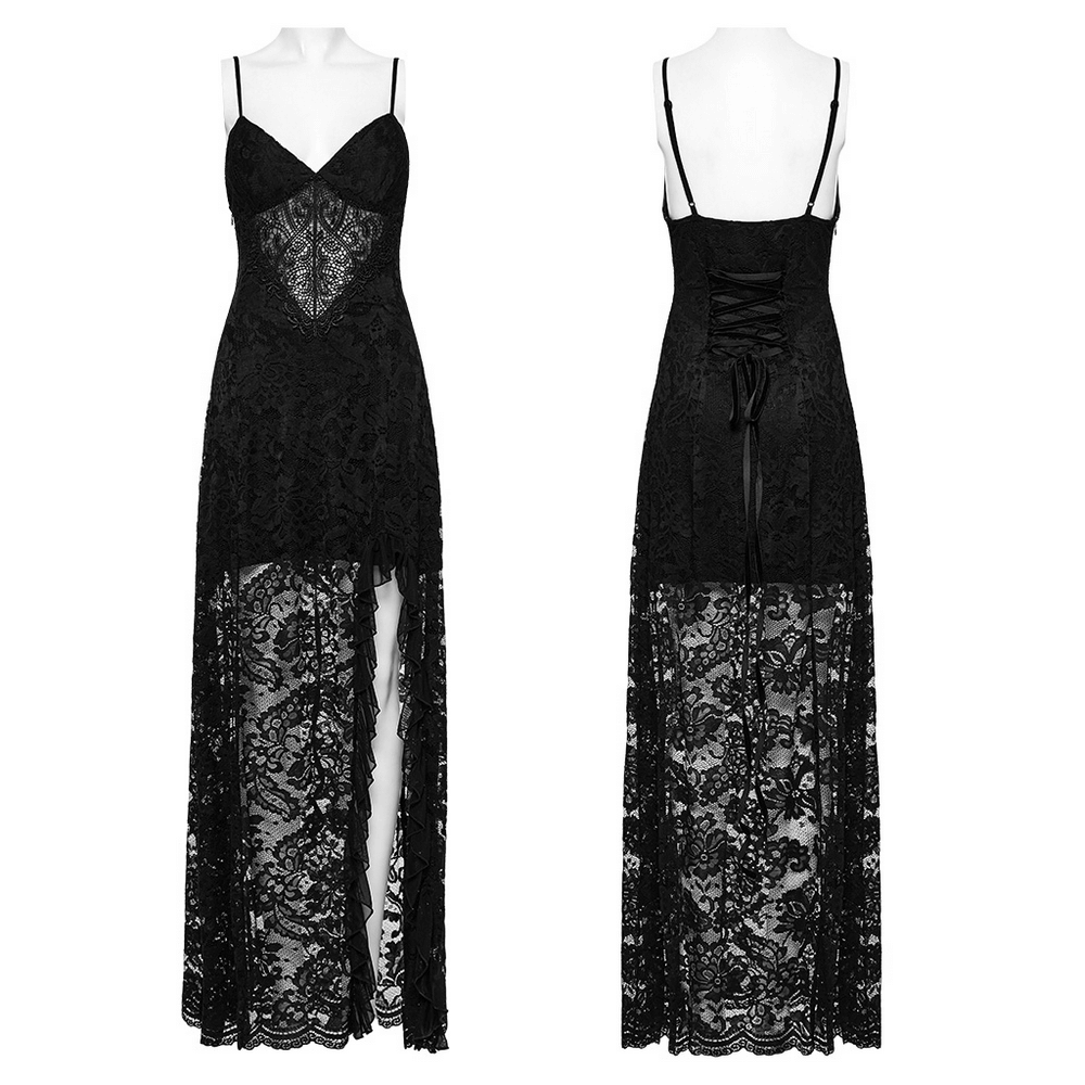 Black Lace Gothic Maxi Dress with High Slit and Corset Back - image 3