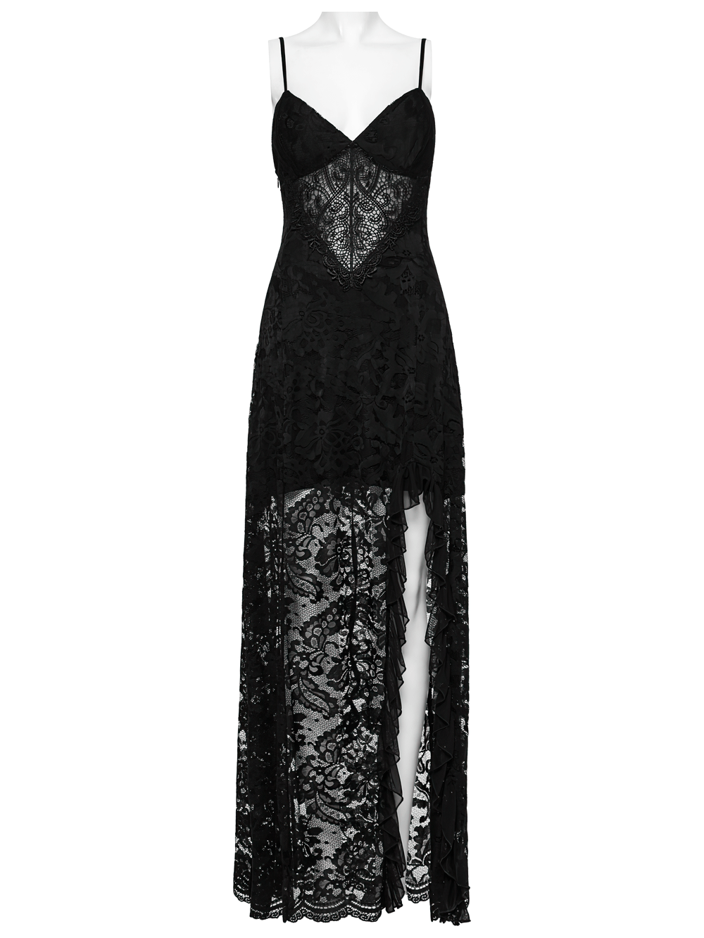Black Lace Gothic Maxi Dress with High Slit and Corset Back - image 4
