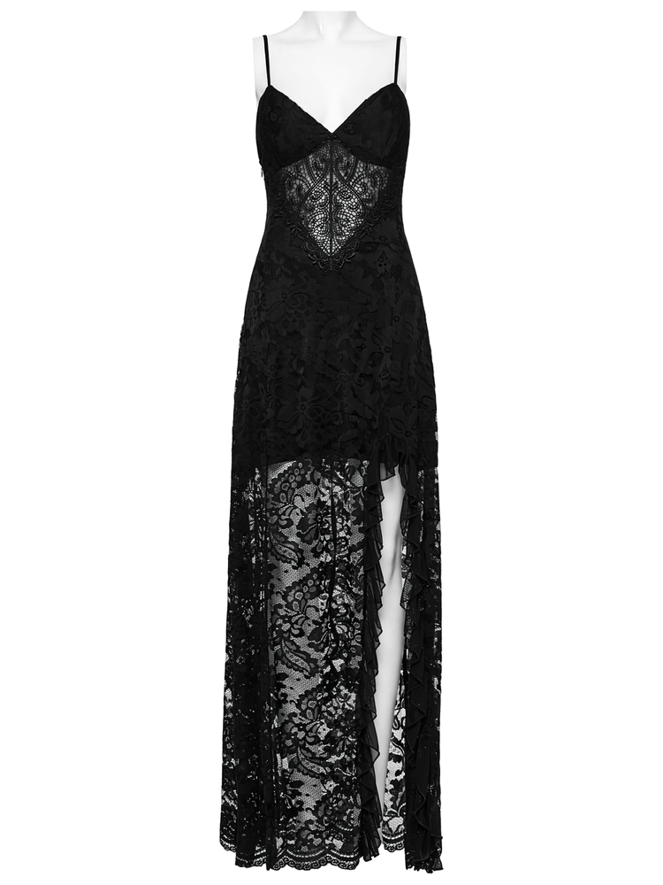 Black Lace Gothic Maxi Dress with High Slit and Corset Back - image 4