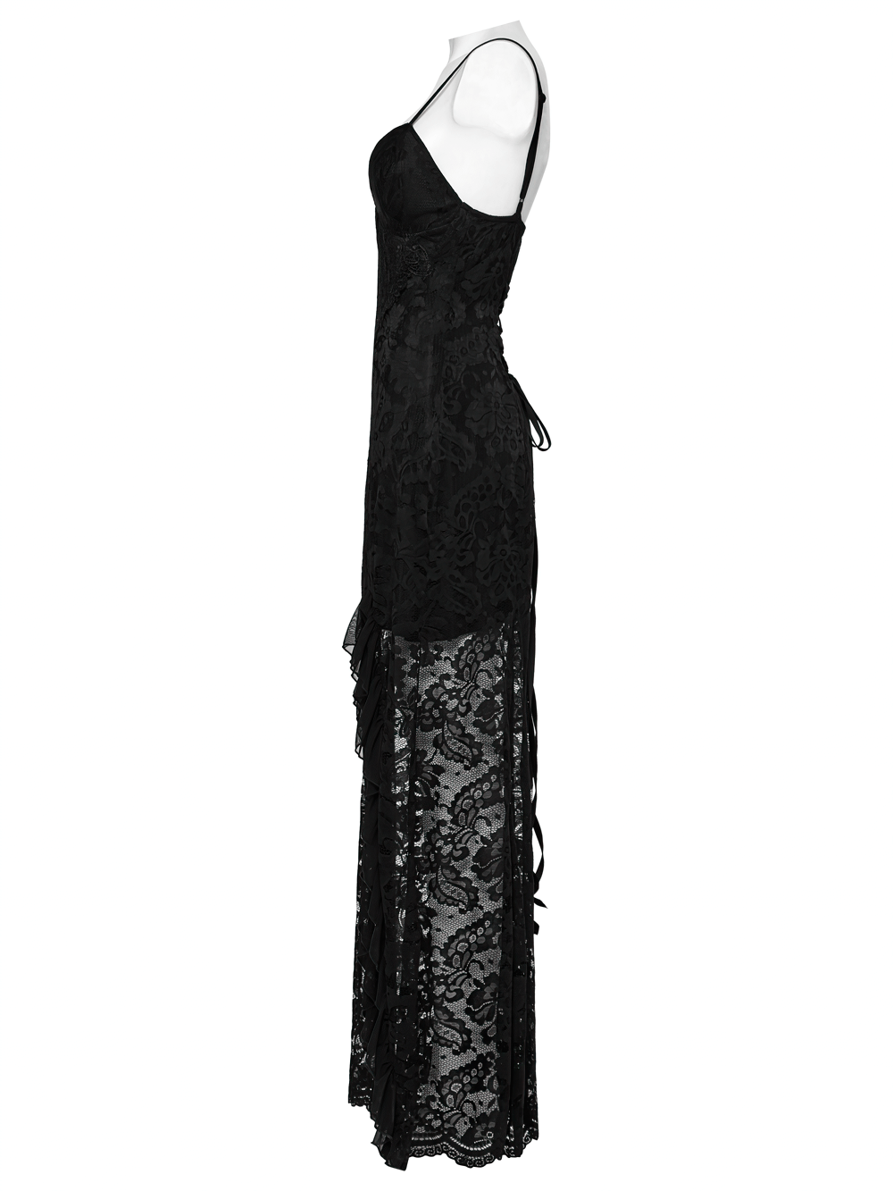 Black Lace Gothic Maxi Dress with High Slit and Corset Back - image 5