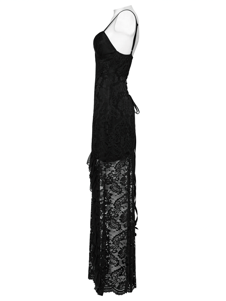 Black Lace Gothic Maxi Dress with High Slit and Corset Back - image 5
