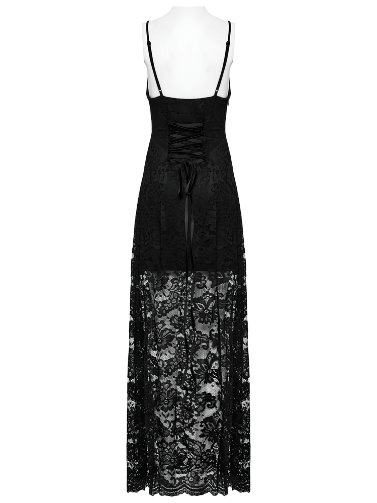 Black Lace Gothic Maxi Dress with High Slit and Corset Back - image 6