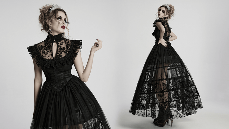 Black Lace Gothic Mesh Dress with Ruffle Sleeves - image 18