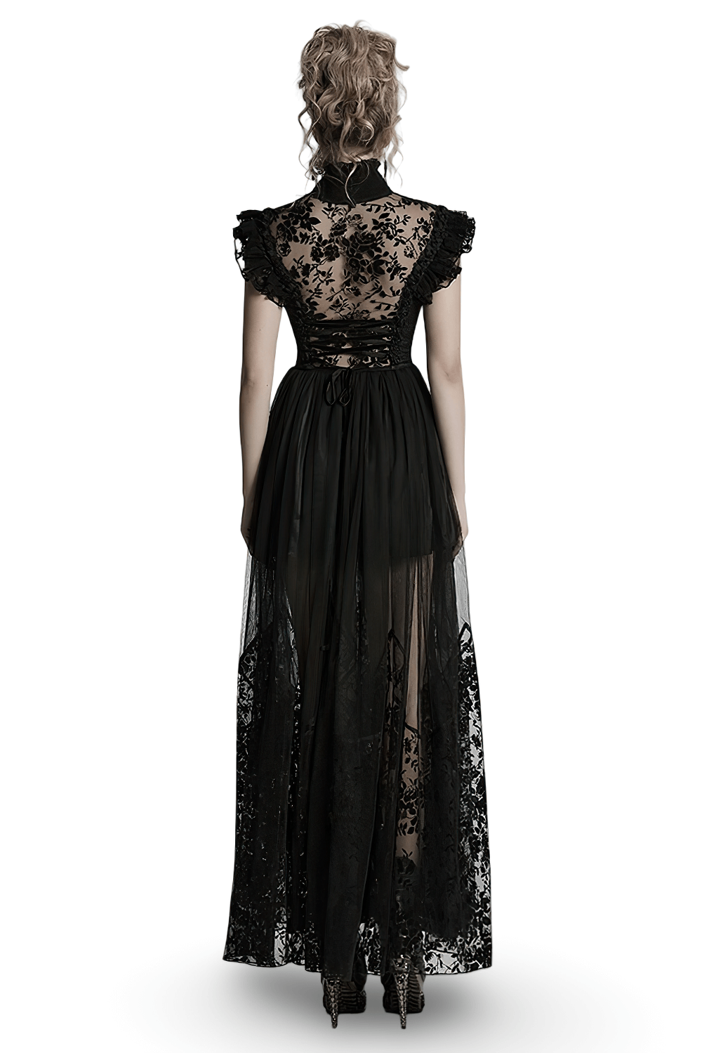 Black Lace Gothic Mesh Dress with Ruffle Sleeves - image 2