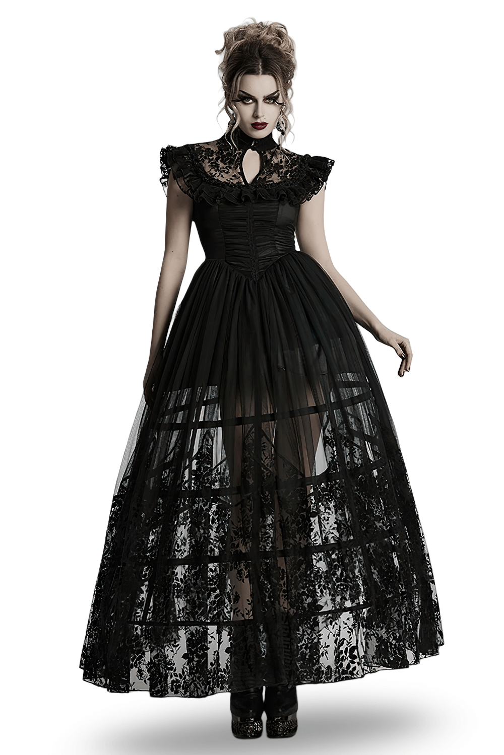 Black Lace Gothic Mesh Dress with Ruffle Sleeves - image 1