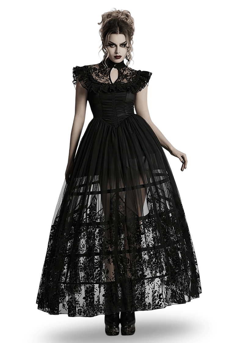 Black Lace Gothic Mesh Dress with Ruffle Sleeves - image 1