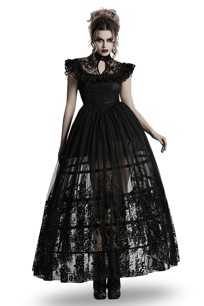 Black Lace Gothic Mesh Dress with Ruffle Sleeves - image 1