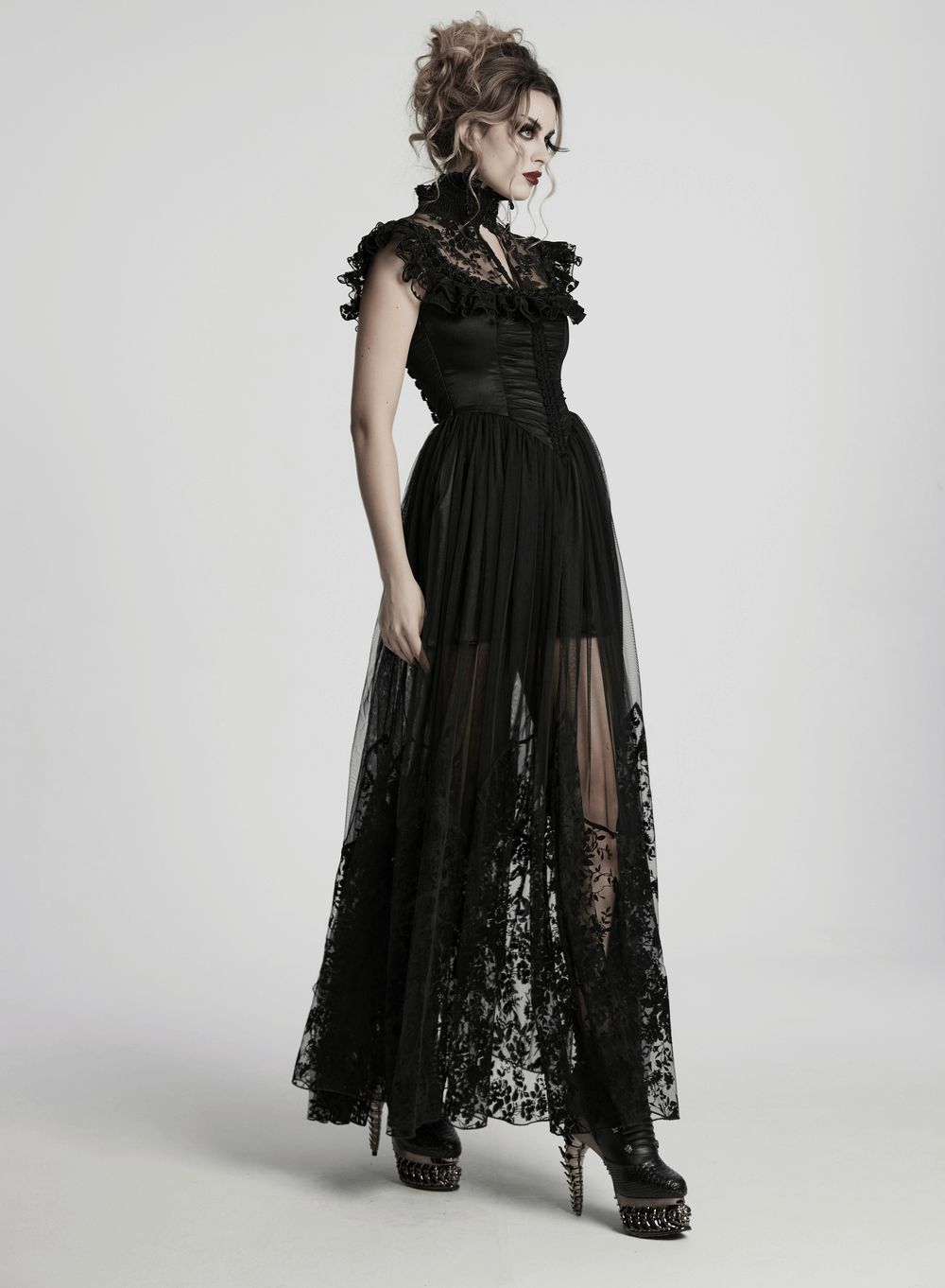 Black Lace Gothic Mesh Dress with Ruffle Sleeves - image 15
