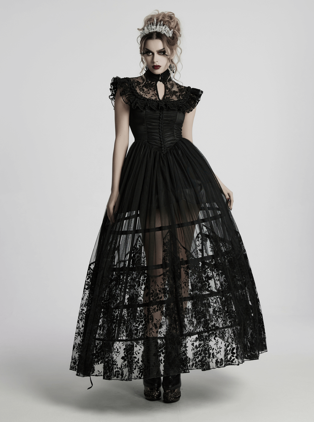 Black Lace Gothic Mesh Dress with Ruffle Sleeves - image 16