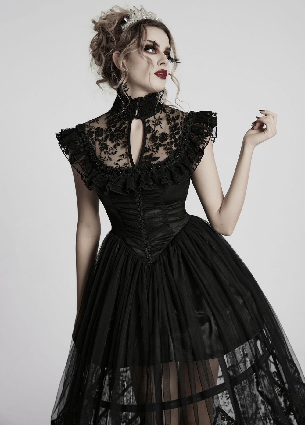 Black Lace Gothic Mesh Dress with Ruffle Sleeves - image 11