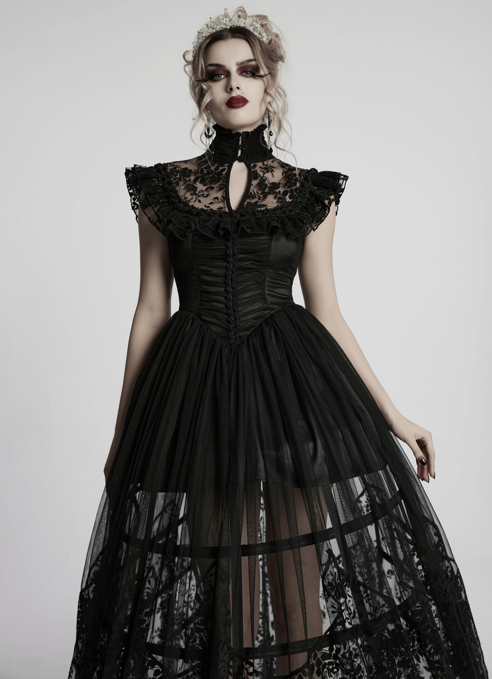 Black Lace Gothic Mesh Dress with Ruffle Sleeves - image 12