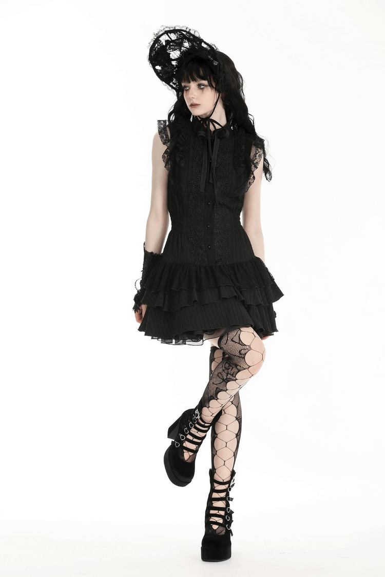 Black Lace Gothic Ruffled Dress with Ribbon Detail - image 13