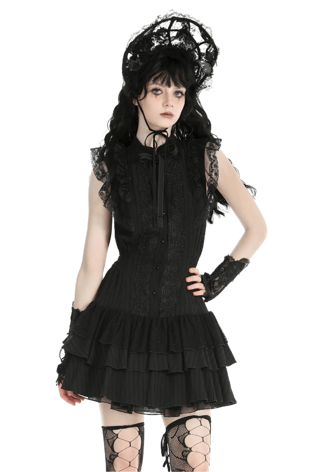 Black Lace Gothic Ruffled Dress with Ribbon Detail - image 1