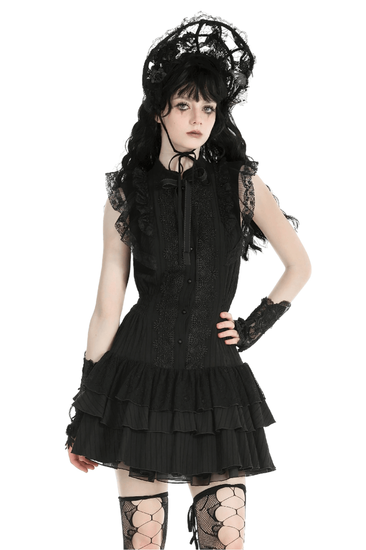 Black Lace Gothic Ruffled Dress with Ribbon Detail - image 1