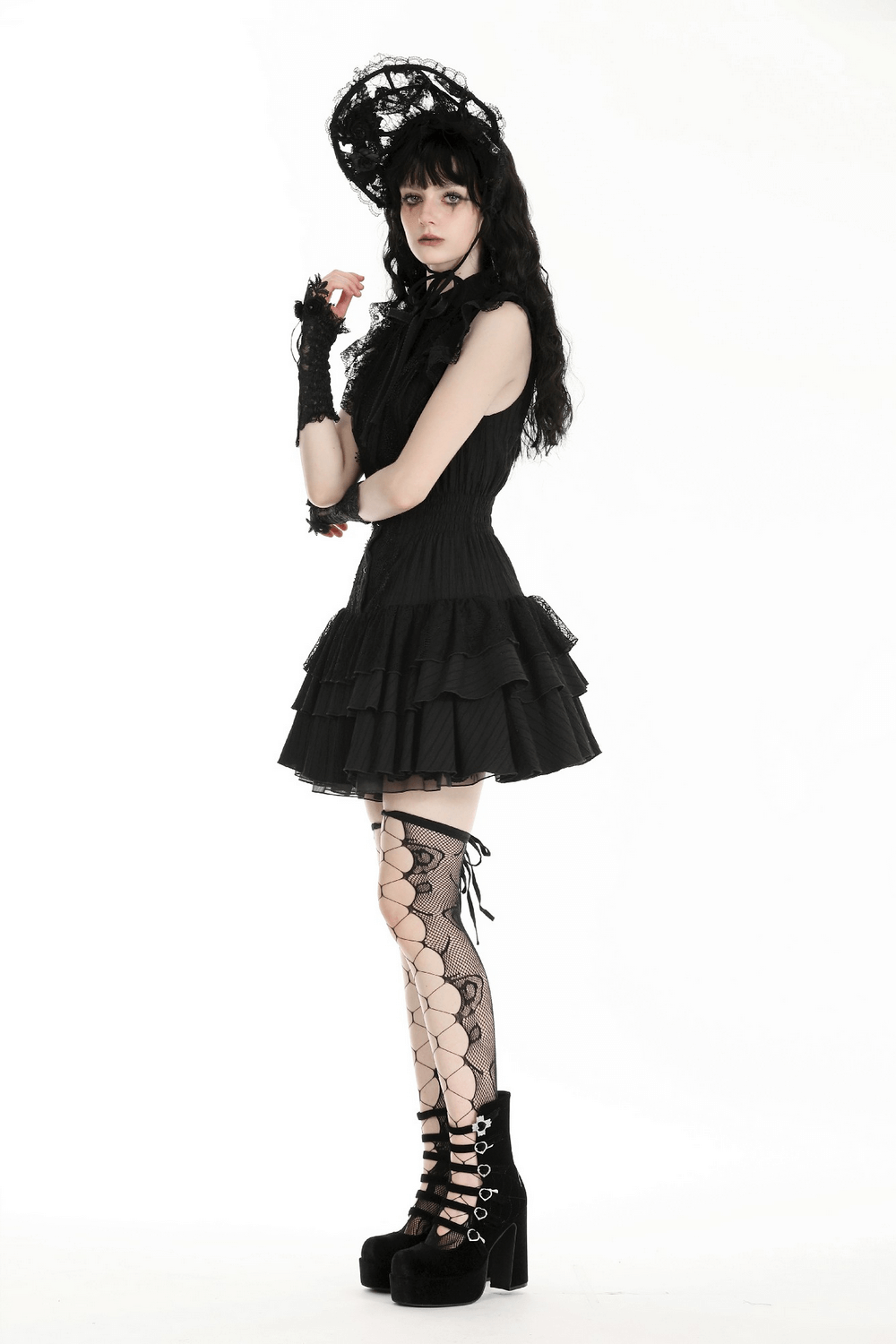 Black Lace Gothic Ruffled Dress with Ribbon Detail - image 12