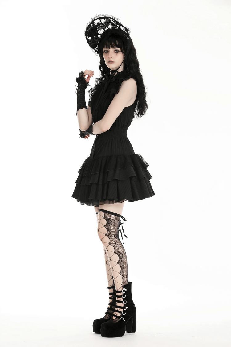Black Lace Gothic Ruffled Dress with Ribbon Detail - image 12