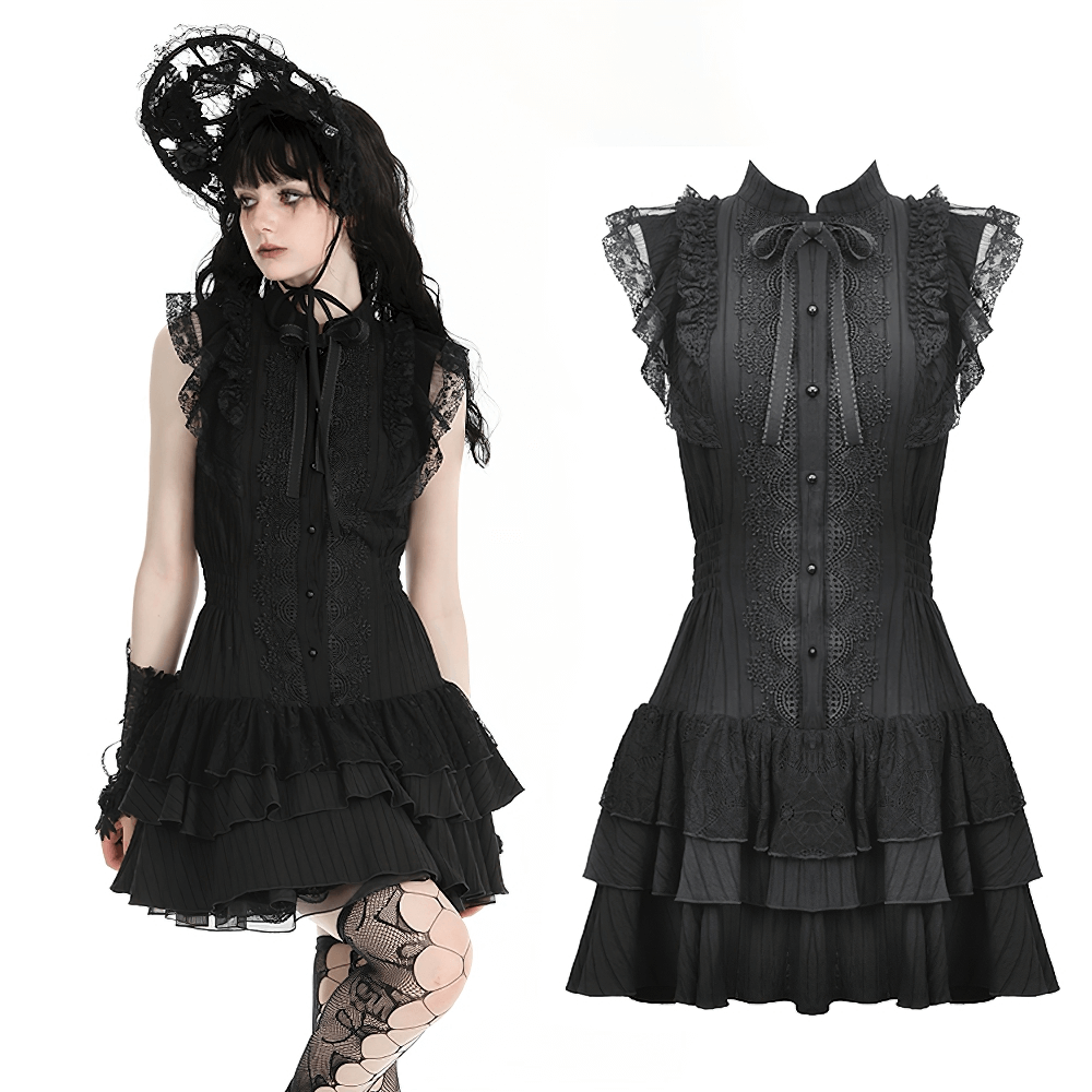 Black Lace Gothic Ruffled Dress with Ribbon Detail - image 3
