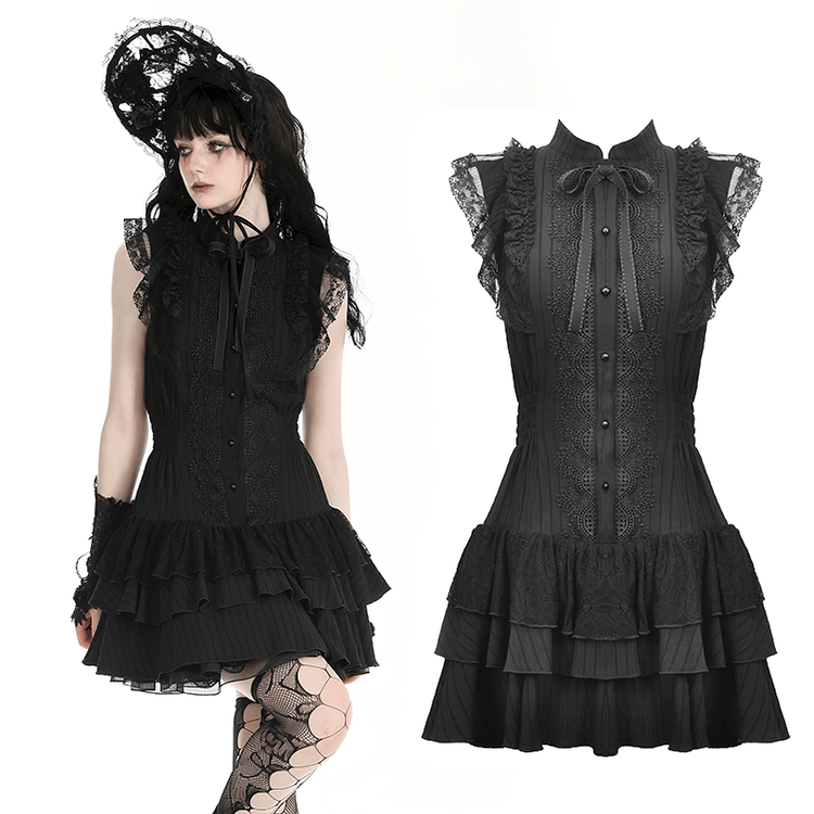 Black Lace Gothic Ruffled Dress with Ribbon Detail - image 3