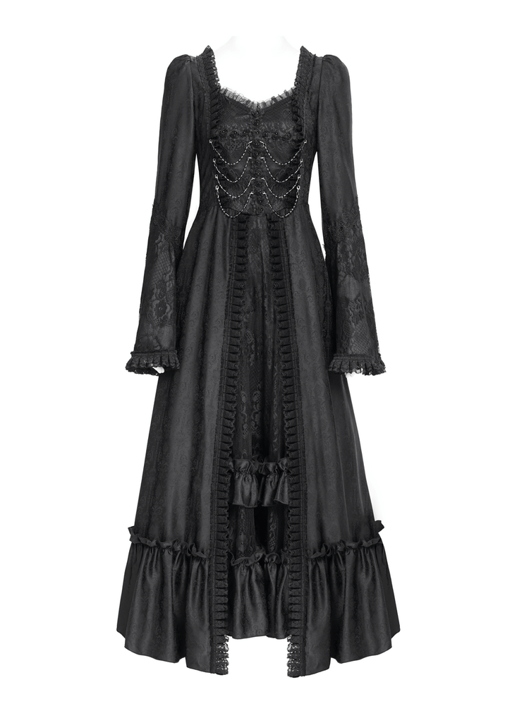 Black Lace Medieval Style Dress with Long Bell Sleeves - image 4
