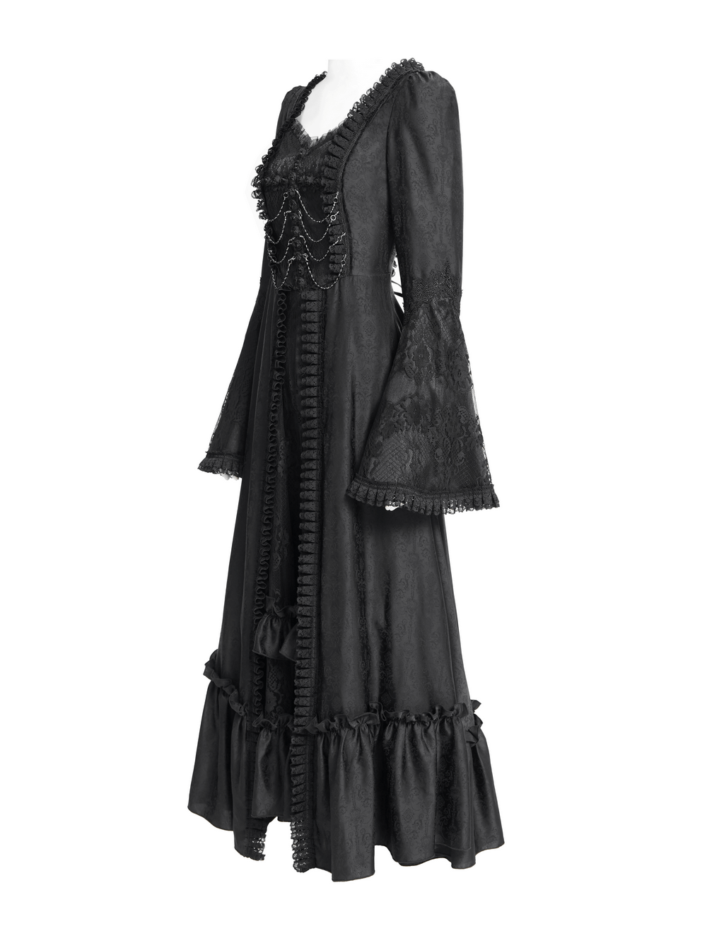 Black Lace Medieval Style Dress with Long Bell Sleeves - image 5