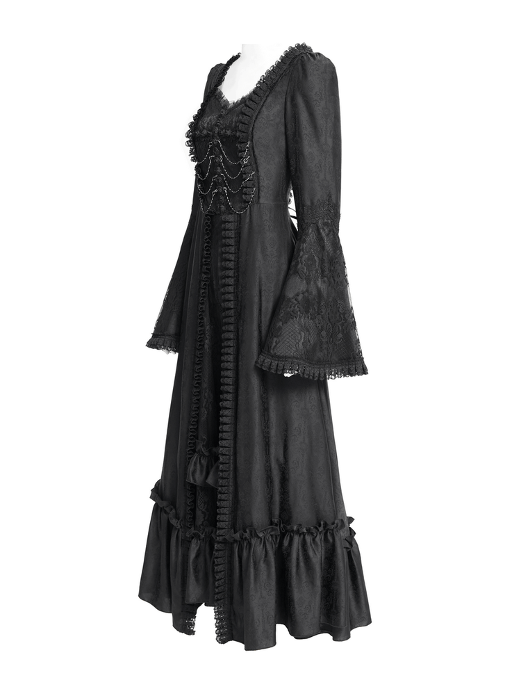 Black Lace Medieval Style Dress with Long Bell Sleeves - image 5