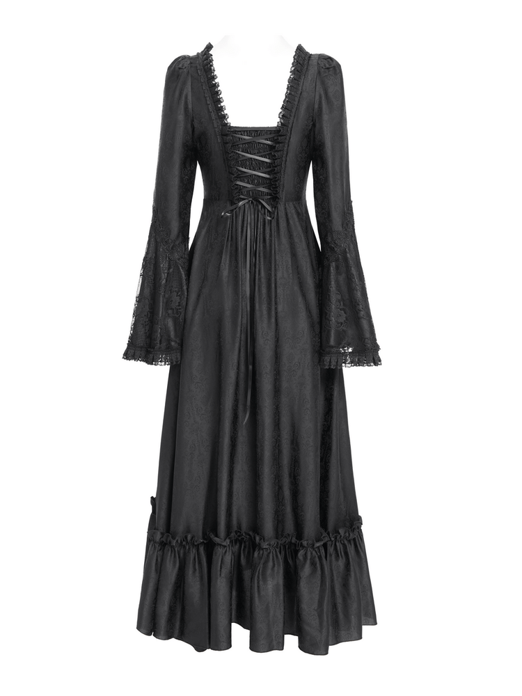 Black Lace Medieval Style Dress with Long Bell Sleeves - image 6
