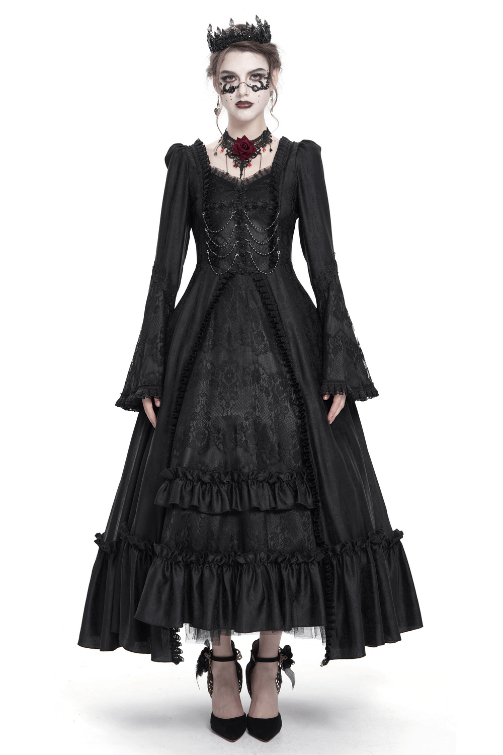 Black Lace Medieval Style Dress with Long Bell Sleeves - image 1