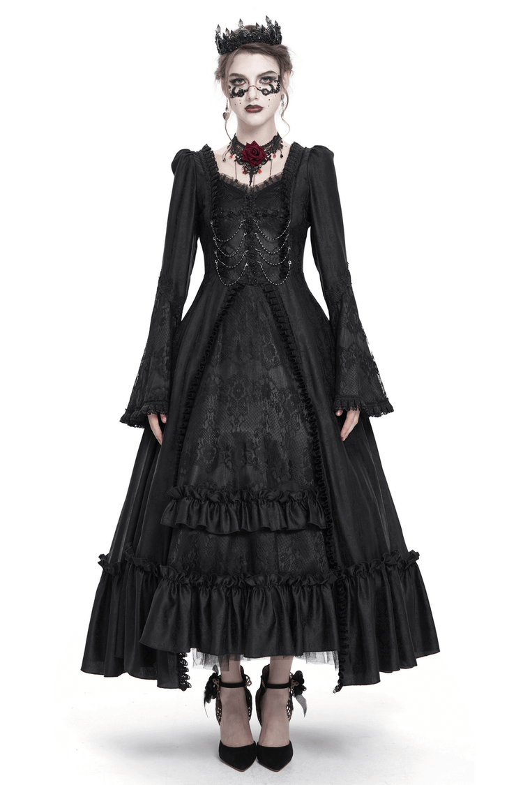 Black Lace Medieval Style Dress with Long Bell Sleeves - image 1