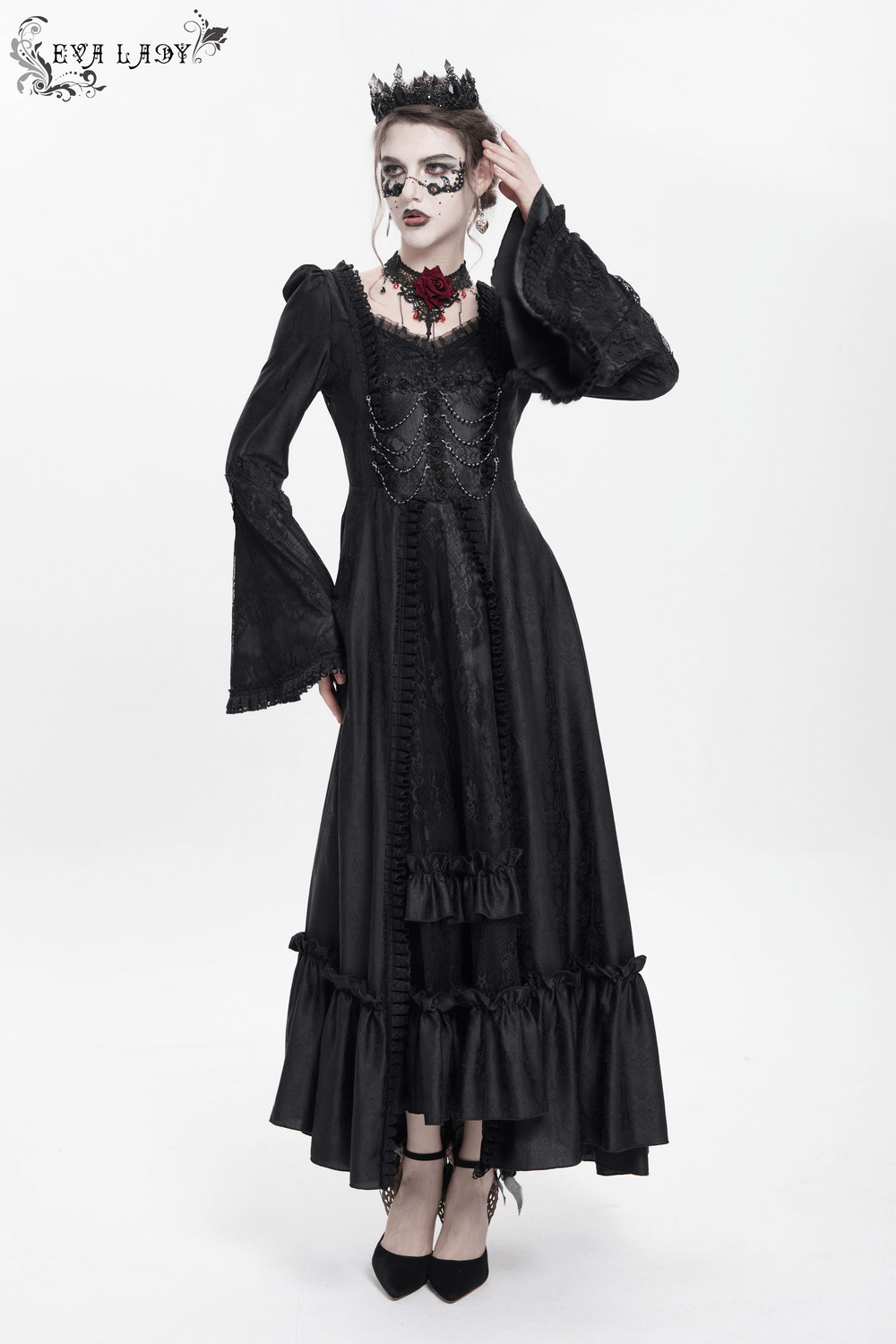 Black Lace Medieval Style Dress with Long Bell Sleeves - image 16