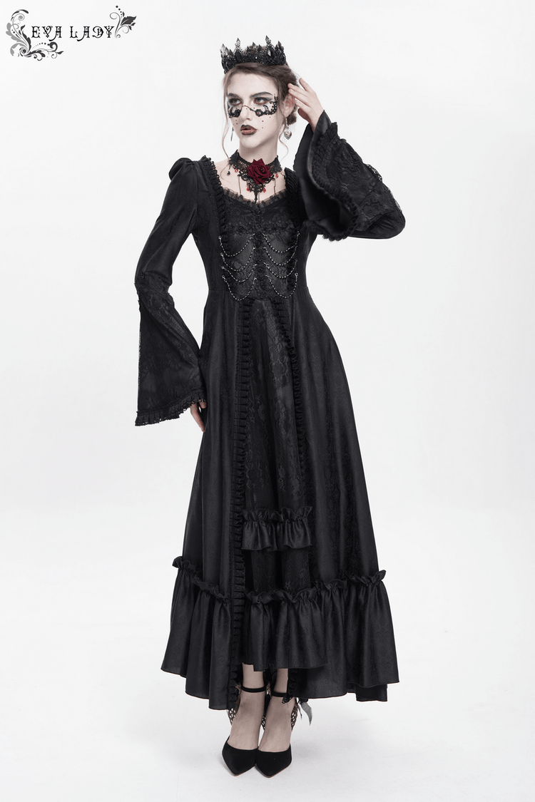 Black Lace Medieval Style Dress with Long Bell Sleeves - image 16