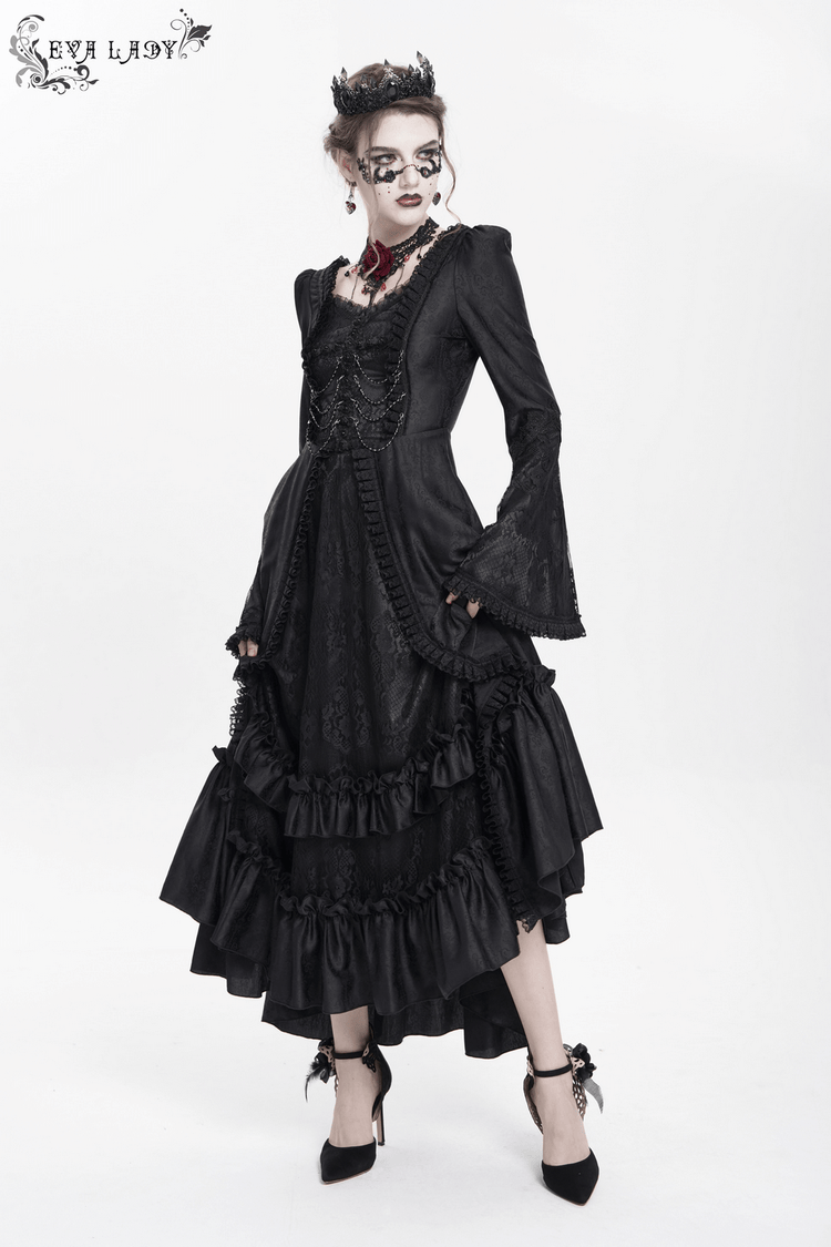Black Lace Medieval Style Dress with Long Bell Sleeves - image 17