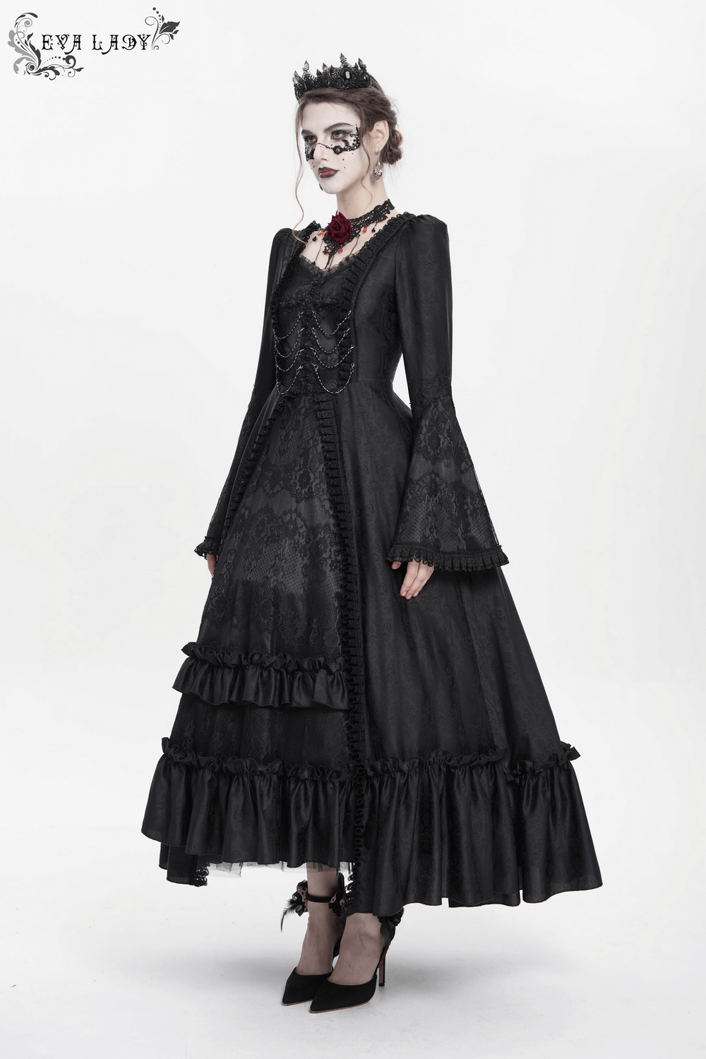 Black Lace Medieval Style Dress with Long Bell Sleeves - image 18