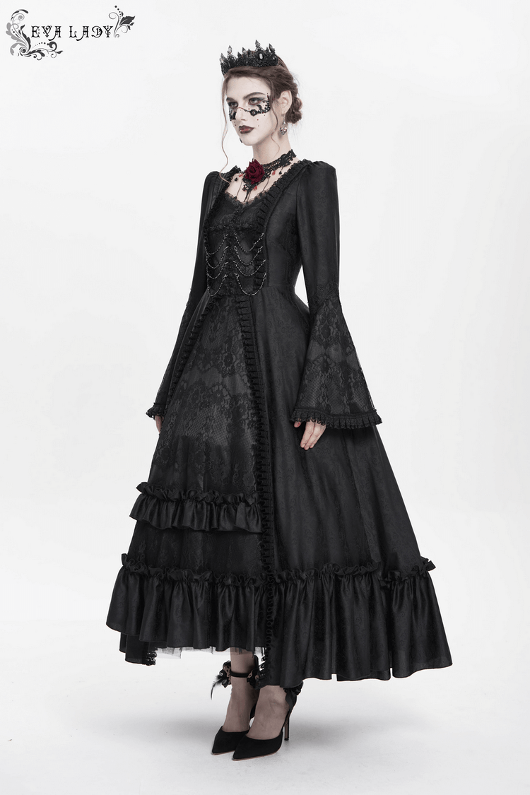 Black Lace Medieval Style Dress with Long Bell Sleeves - image 18