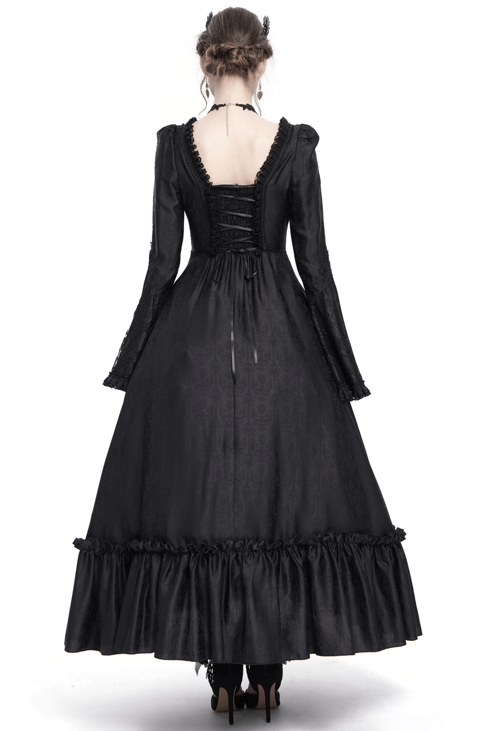 Black Lace Medieval Style Dress with Long Bell Sleeves - image 2