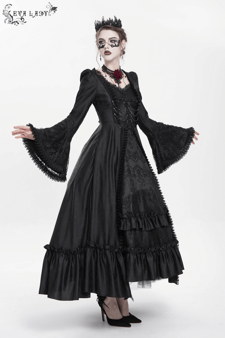 Black Lace Medieval Style Dress with Long Bell Sleeves - image 15