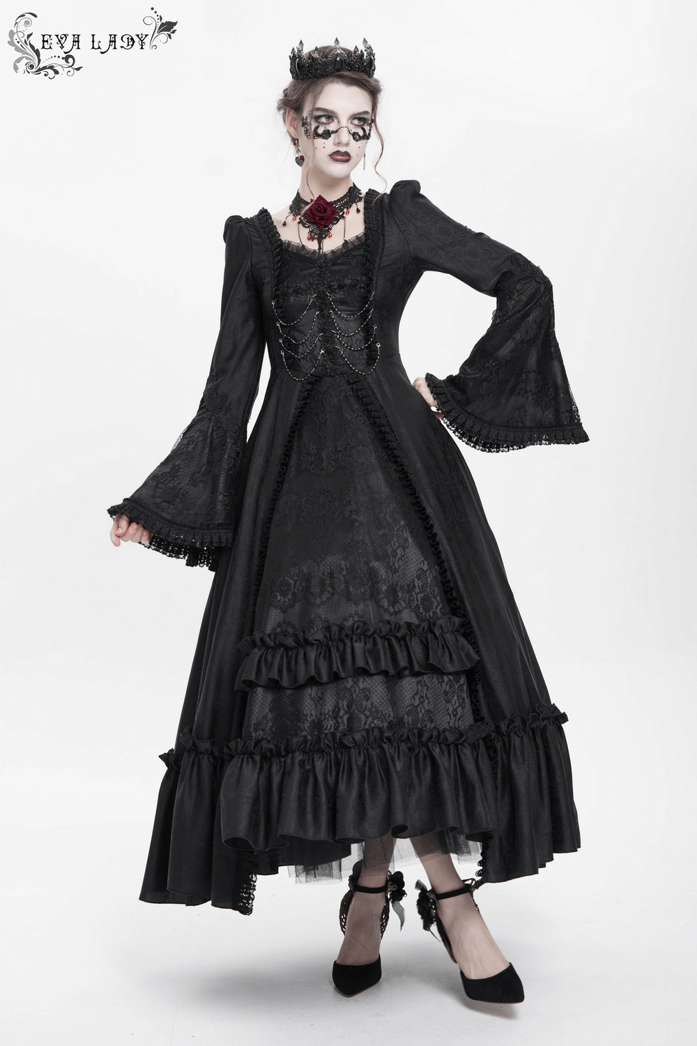 Black Lace Medieval Style Dress with Long Bell Sleeves - image 14