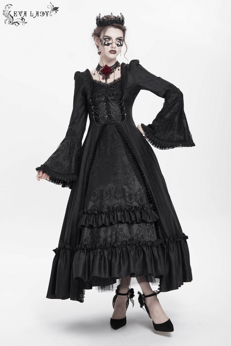 Black Lace Medieval Style Dress with Long Bell Sleeves - image 14