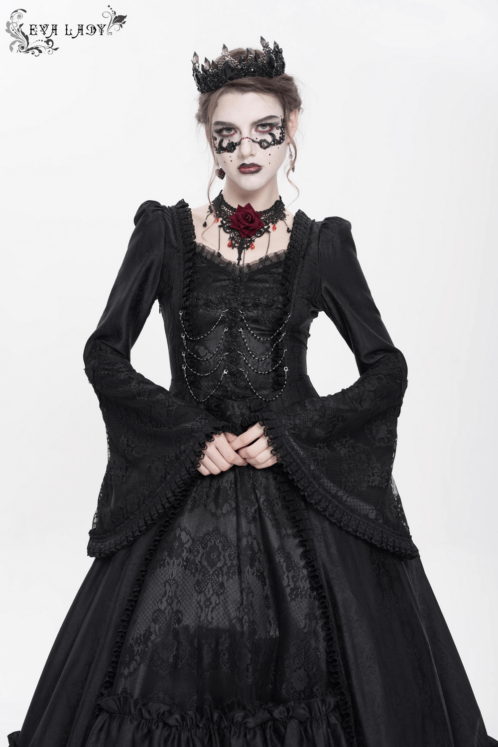 Black Lace Medieval Style Dress with Long Bell Sleeves - image 13