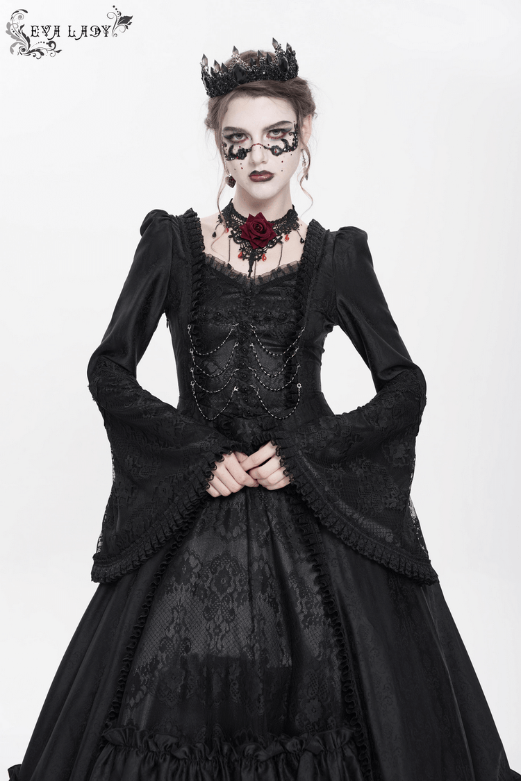 Black Lace Medieval Style Dress with Long Bell Sleeves - image 13