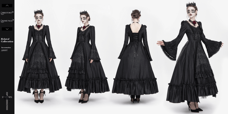 Black Lace Medieval Style Dress with Long Bell Sleeves - image 19