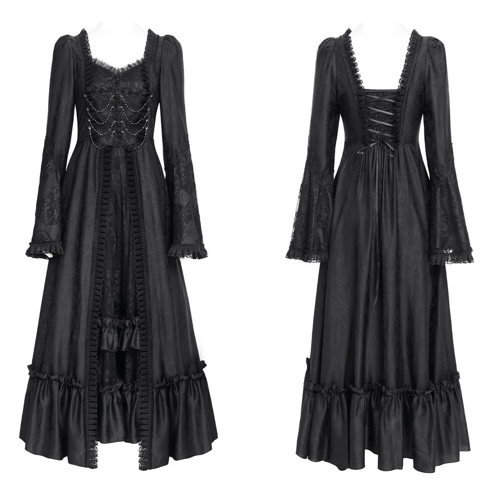 Black Lace Medieval Style Dress with Long Bell Sleeves - image 3