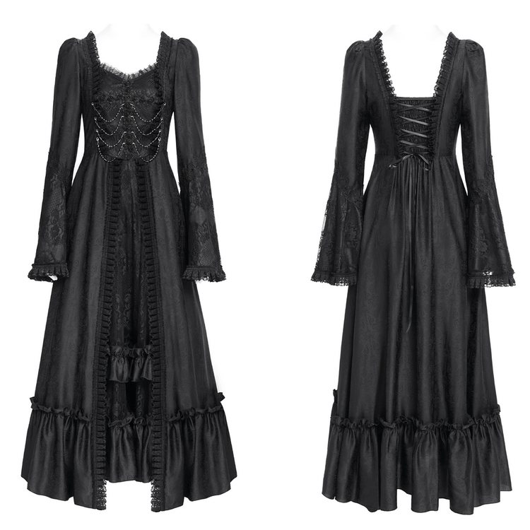 Black Lace Medieval Style Dress with Long Bell Sleeves - image 3