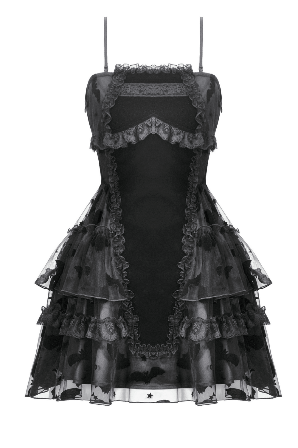 US SALE of Black Lace Ruffled Gothic Dress with Bat Print and Lace-Up - image 4