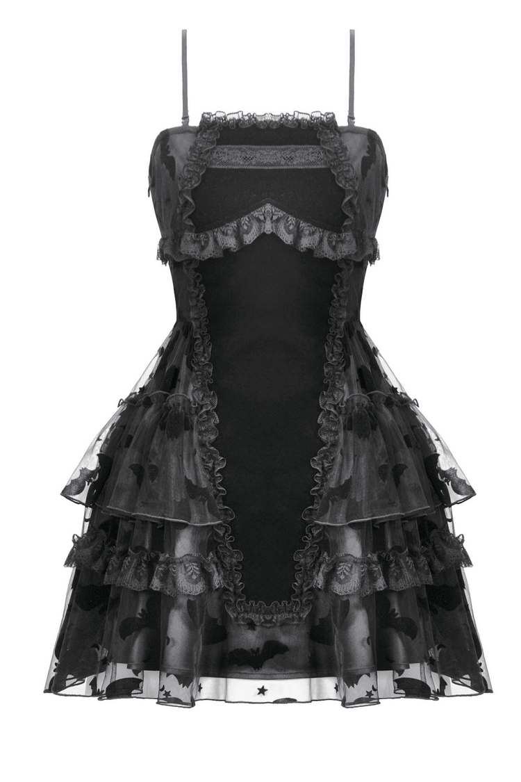 US SALE of Black Lace Ruffled Gothic Dress with Bat Print and Lace-Up - image 4